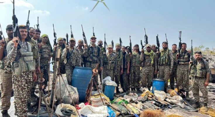 chhattisgarh naxal news, narayanpur police, itbp joint operation, maoist explosives dump recovered, kumuradi forest search, bgl rocket launcher, anti naxal operation india,