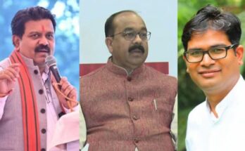 A conceptual image showing Chhattisgarh BJP leaders Arun Sao, OP Choudhary, and Vijay Sharma discussing the election strategy for Assam and West Bengal.