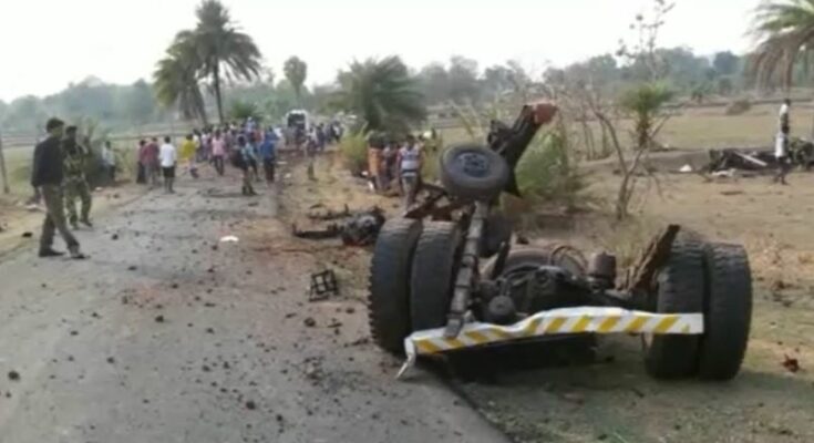 A conceptual image depicting security forces conducting anti-naxal operations and clearing hidden IEDs in the dense forests of Bastar.