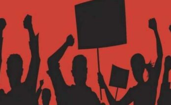 A conceptual image showing members of the Chhattisgarh Employees Officers Federation protesting with banners, demanding their rights on March 18.