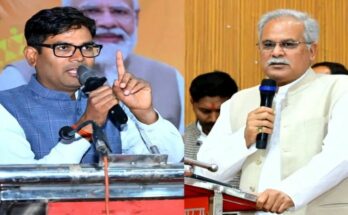 A conceptual split image showing former CM Bhupesh Baghel and Finance Minister OP Choudhary, highlighting the political clash over the excise duty cut in Chhattisgarh.