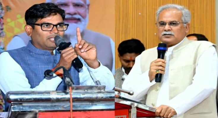 A conceptual split image showing former CM Bhupesh Baghel and Finance Minister OP Choudhary, highlighting the political clash over the excise duty cut in Chhattisgarh.