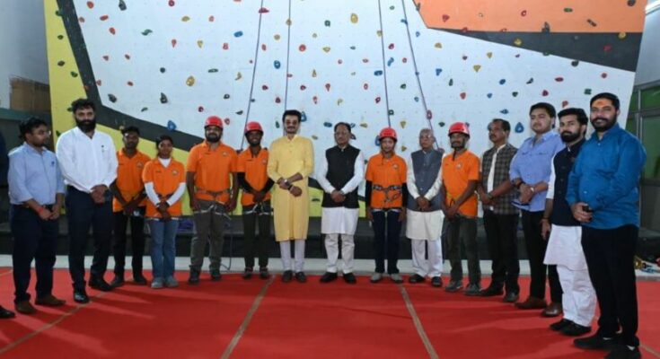 Chief Minister Vishnu Deo Sai inaugurating the 27 lakh indoor sports climbing wall stadium in Jashpur for the advanced training of local youths.
