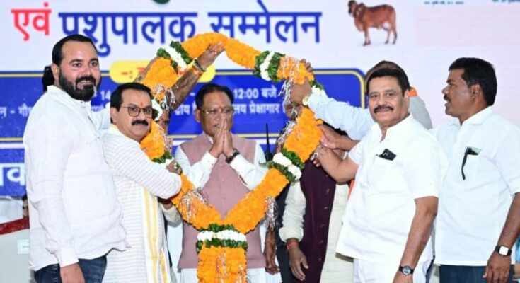 Chief Minister Vishnu Deo Sai inaugurating a new cow shelter in Chhattisgarh, highlighting the state government's major initiatives for cow protection and rural development.