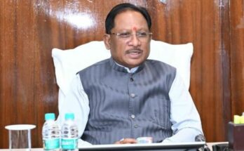 Chief Minister Vishnu Deo Sai addressing a gathering, highlighting the success of the double-engine government against Naxalism in Chhattisgarh.