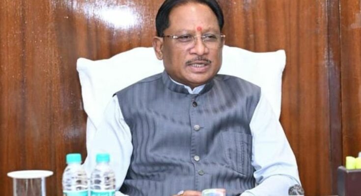 Chief Minister Vishnu Deo Sai addressing a gathering, highlighting the success of the double-engine government against Naxalism in Chhattisgarh.