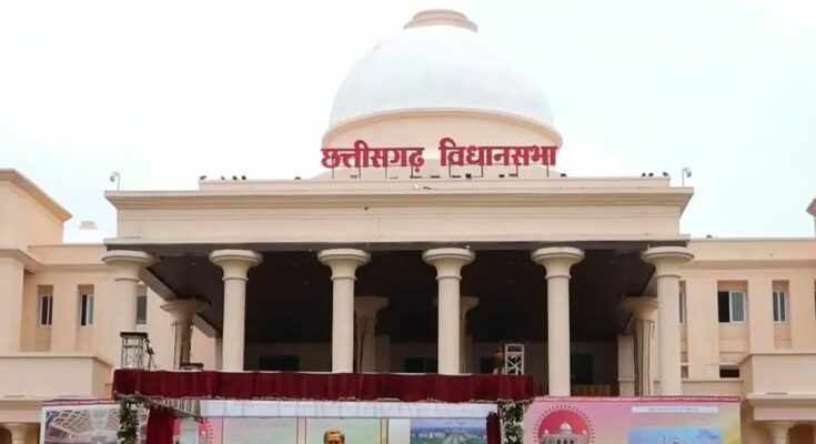 Opposition leaders strongly protesting and staging a walkout inside the Chhattisgarh Assembly over the vehicle fitness and permit issue.