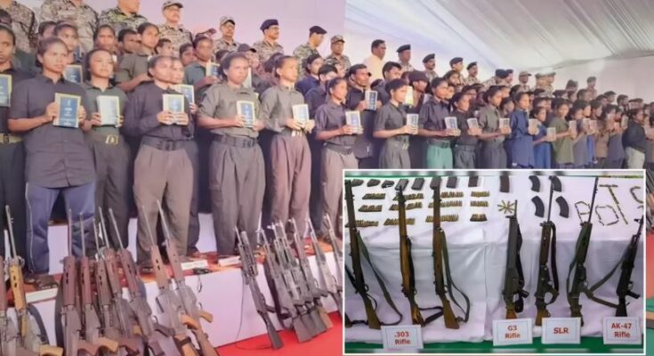 Security forces and police officials interacting with surrendered Naxalites in Chhattisgarh who have chosen to join the mainstream.