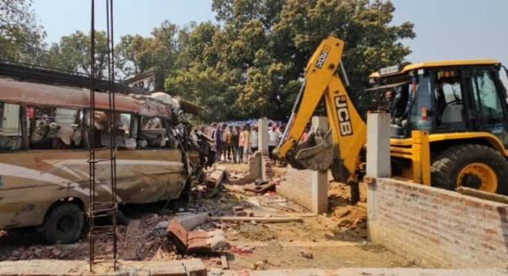A passenger bus overturned on the side of the road after a tragic accident in Jashpur, Chhattisgarh.