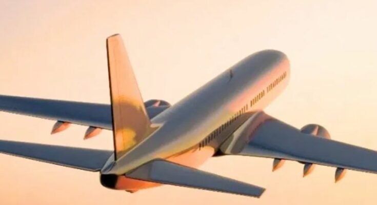 A conceptual image of a passenger airplane taking off with text highlighting the removal of domestic airfare caps by the Indian civil aviation ministry.