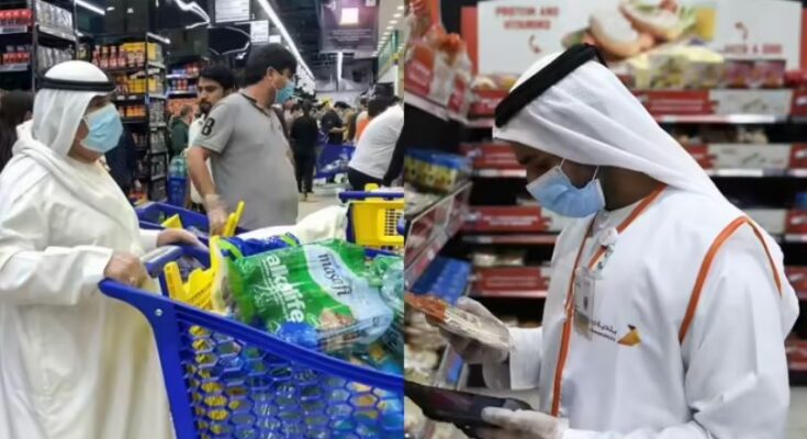 Empty supermarket shelves and halted cargo ships depicting the looming Dubai food crisis amid the global trade disruption caused by the Iran-US war.