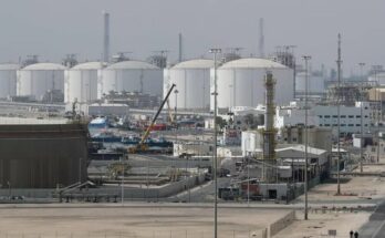 A conceptual geopolitical business image showing an LNG plant alongside a graph with a sharp 35 percent upward arrow, representing the sudden Europe gas price hike.