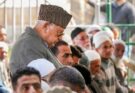 National Conference chief Farooq Abdullah offering Alvida Jumma prayers amidst a large crowd of devotees at the historic Hazratbal Dargah in Srinagar, Kashmir.