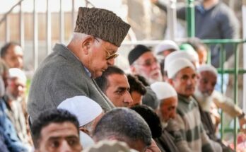 National Conference chief Farooq Abdullah offering Alvida Jumma prayers amidst a large crowd of devotees at the historic Hazratbal Dargah in Srinagar, Kashmir.