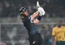 Finn Allen celebrating his fastest T20 World Cup century against South Africa at Eden Gardens, Kolkata.