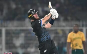 Finn Allen celebrating his fastest T20 World Cup century against South Africa at Eden Gardens, Kolkata.