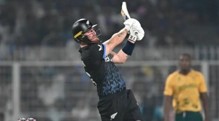 Finn Allen celebrating his fastest T20 World Cup century against South Africa at Eden Gardens, Kolkata.