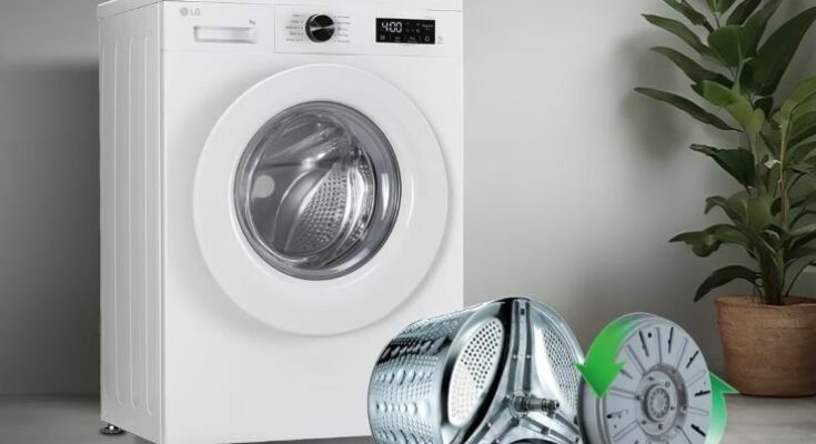 A conceptual image displaying premium front load washing machines with a 5-star rating and AI smart features available under 30000 on Amazon.