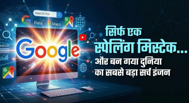 A conceptual image showing the mathematical term 'Googol' transforming into the modern 'Google' logo with a keyboard in the background.