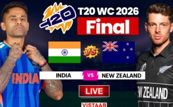 Indian captain Suryakumar Yadav and New Zealand captain Mitchell Santner at the toss for the T20 World Cup 2026 Final in Ahmedabad.