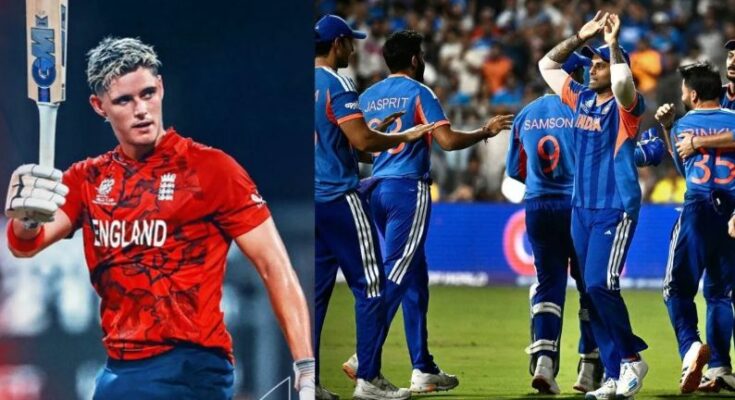 Indian cricket team celebrating their victory over England in the T20 World Cup 2026 semifinal at Wankhede Stadium.