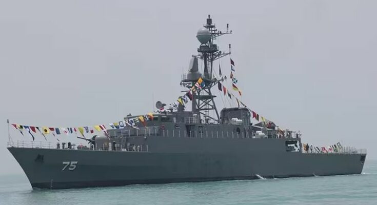 Smoke billowing from the sea after the Iran warship IRIS Dena was hit and destroyed without warning.