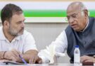 A conceptual split image showing Congress leaders Rahul Gandhi and Mallikarjun Kharge discussing the Kerala election ticket distribution strategy.