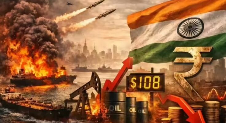 A conceptual image showing crude oil barrels, a rising inflation graph, and global map indicating the Middle East conflict impact on India's economy.