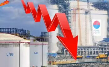 A downward stock market chart over a background of a Qatar LNG plant, depicting the fall in Petronet LNG shares.