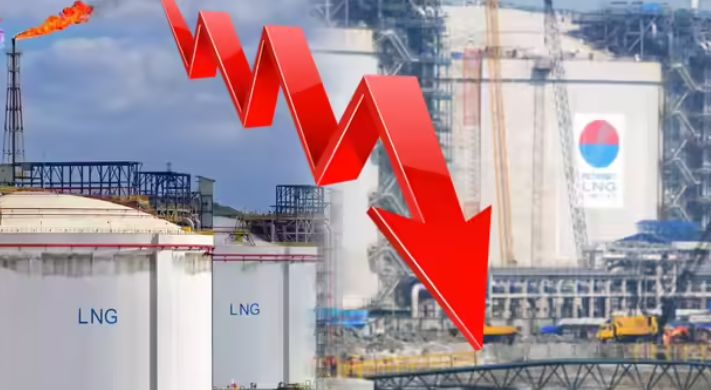 A downward stock market chart over a background of a Qatar LNG plant, depicting the fall in Petronet LNG shares.