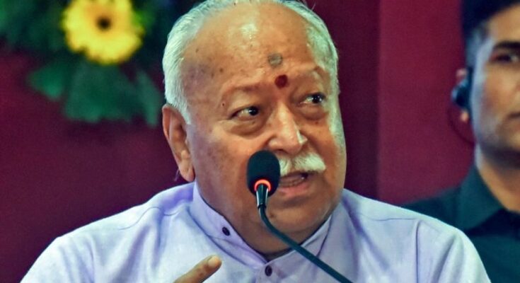 RSS Chief Mohan Bhagwat addressing a gathering, highlighting the crucial need for increased social media activism among volunteers.