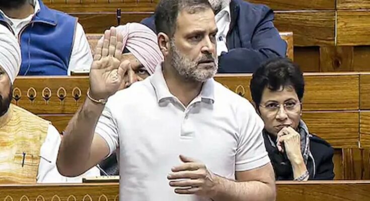 Congress leader Rahul Gandhi delivering an aggressive speech in the Lok Sabha during the no-confidence motion against Speaker Om Birla.