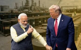 US and Indian flags overlaid on an oil pump jack, symbolizing the 30-day Russian oil exemption granted to India.