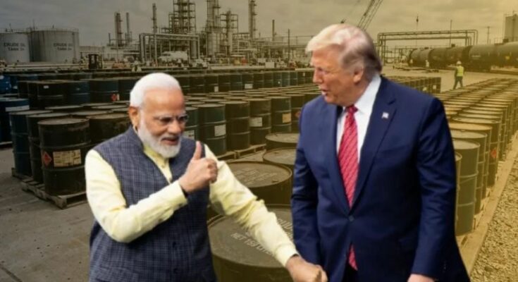 US and Indian flags overlaid on an oil pump jack, symbolizing the 30-day Russian oil exemption granted to India.