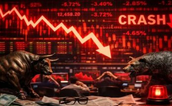 A falling red stock market graph indicating the massive Sensex crash today, symbolizing heavy losses for investors.