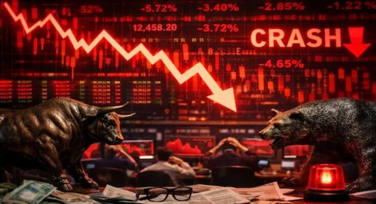 A falling red stock market graph indicating the massive Sensex crash today, symbolizing heavy losses for investors.