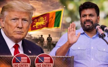 A conceptual geopolitical map showing Sri Lanka and the US, highlighting the diplomatic refusal of fighter jet landing permission.