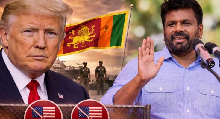 A conceptual geopolitical map showing Sri Lanka and the US, highlighting the diplomatic refusal of fighter jet landing permission.