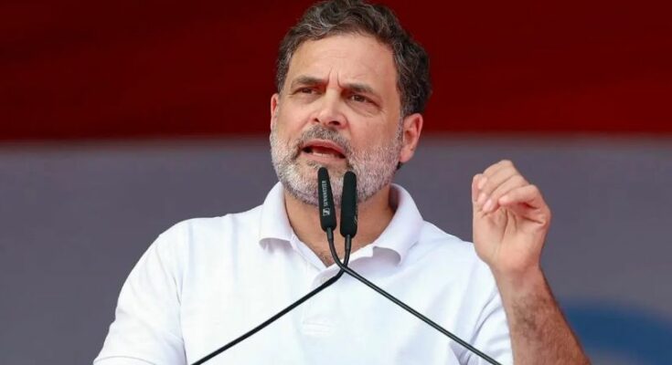 Congress leader Rahul Gandhi addressing a public rally, fiercely criticizing the central government over the proposed US trade deal and its impact on Indian farmers.