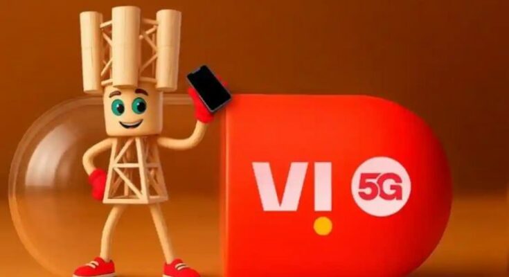 A conceptual stock market chart showing a sharp 6 percent upward trend for Vodafone Idea share price with a trading background.