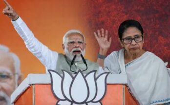 A split conceptual image showing Mamata Banerjee and a BJP flag with a graph depicting the West Bengal Opinion Poll 2026 results, highlighting the tense election atmosphere.