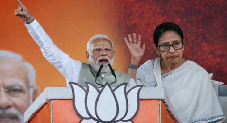 A split conceptual image showing Mamata Banerjee and a BJP flag with a graph depicting the West Bengal Opinion Poll 2026 results, highlighting the tense election atmosphere.