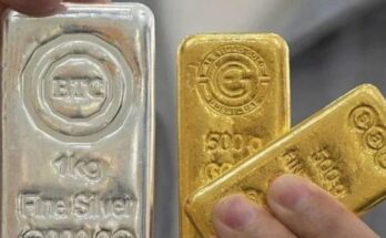 A digital display showing drastically falling prices of gold and silver representing a market bloodbath.