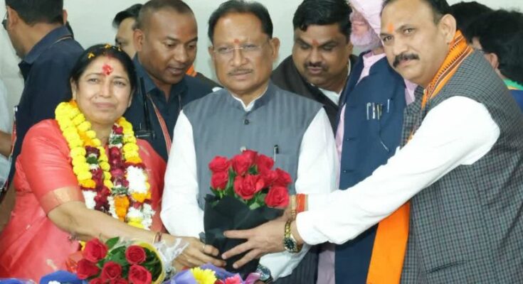 BJP candidate Laxmi Verma filing her Rajya Sabha nomination papers in the presence of CM Vishnu Deo Sai at the Chhattisgarh Assembly.