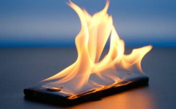 A damaged and swollen mobile phone battery illustrating the danger of an explosion.