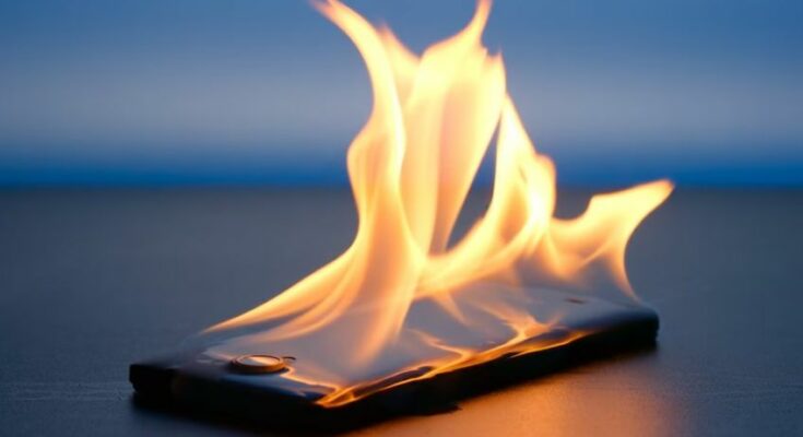 A damaged and swollen mobile phone battery illustrating the danger of an explosion.