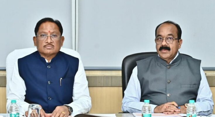 CM Vishnu Deo Sai chairing a PWD review meeting regarding road construction quality in Raipur, Chhattisgarh.