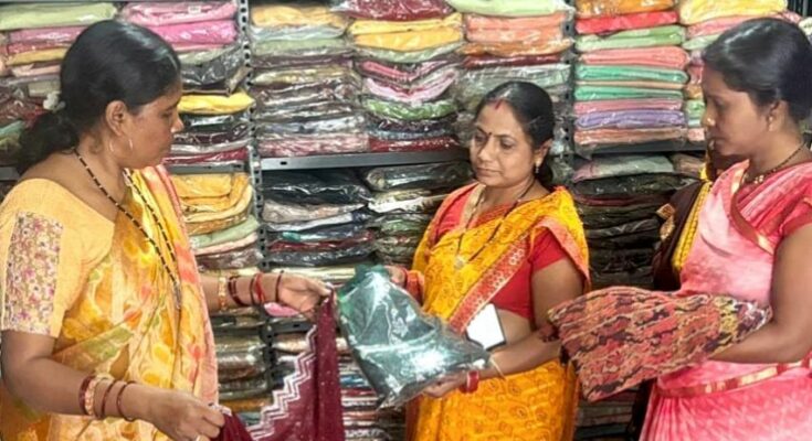 Rural women of Chhattisgarh working together and creating handicrafts in a self-help group under the Bihaan scheme.