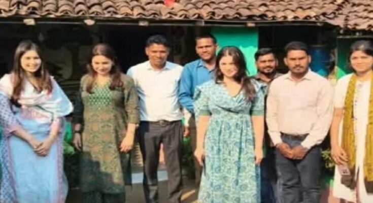 A conceptual image highlighting the Achanakmar Tiger Reserve news, showing Anjali and Sara Tendulkar happily interacting with Baiga tribal children at a Phulwari centre in Mungeli, Chhattisgarh.