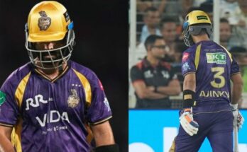 कोलकाता नाइट राइडर्स के कप्तान अजिंक्य रहाणे निराश होकर पवेलियन लौटते हुए